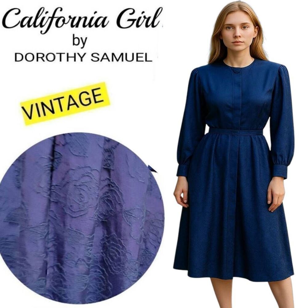 Vintage California Girl Dorothy Samuel Blue 80s Textured Mid Length Dress